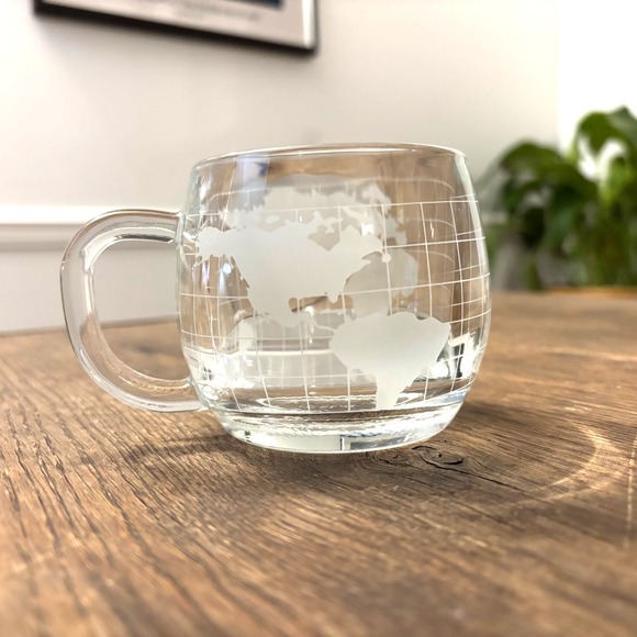 Vintage‎ 1970's Nestle Clear Etched Frosted Glass Globe World Cup Mug 6oz